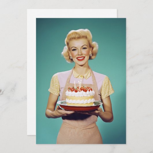 Retro moeder met een feestelijke taart kaart (Voorkant / Achterkant)
