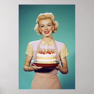 Retro moeder met een feestelijke taart poster