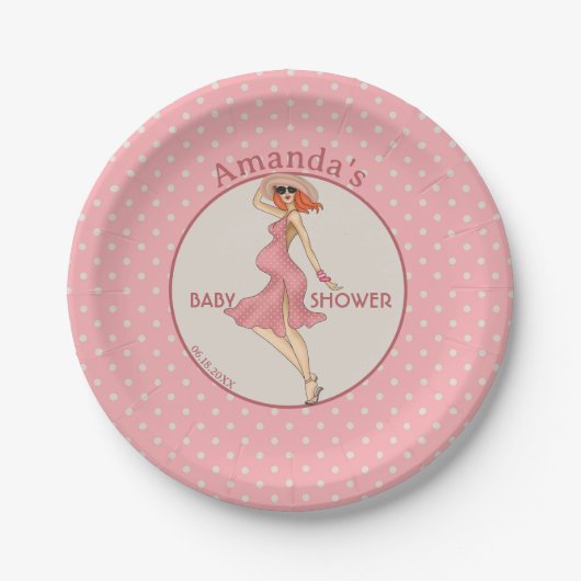 Retro Moeder Redhead 2 Baby shower Party Papieren Bordje (Voorkant)