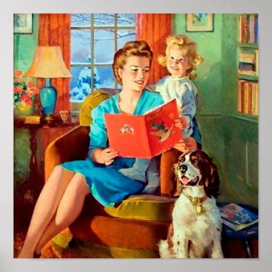 retro  moederkind lezen poster (Voorkant)