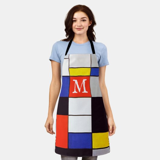Retro Mondrian Geometrisch Op Maat Gemaakt Monogra Schort (Gedragen)