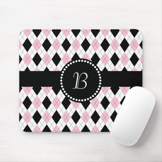 Retro Monogram Argyle Patroon Roze Zwart wit Muismat (Met muis)