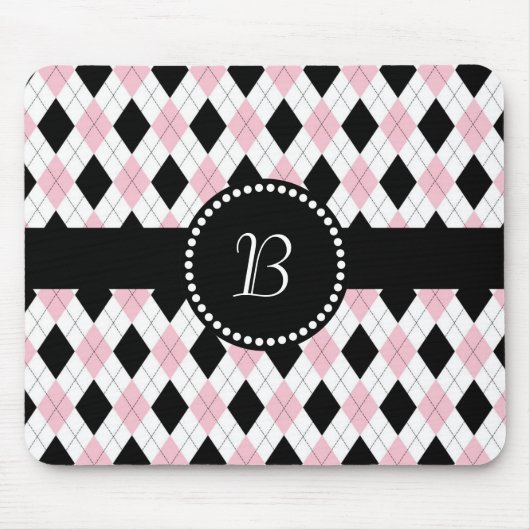 Retro Monogram Argyle Patroon Roze Zwart wit Muismat (Voorkant)
