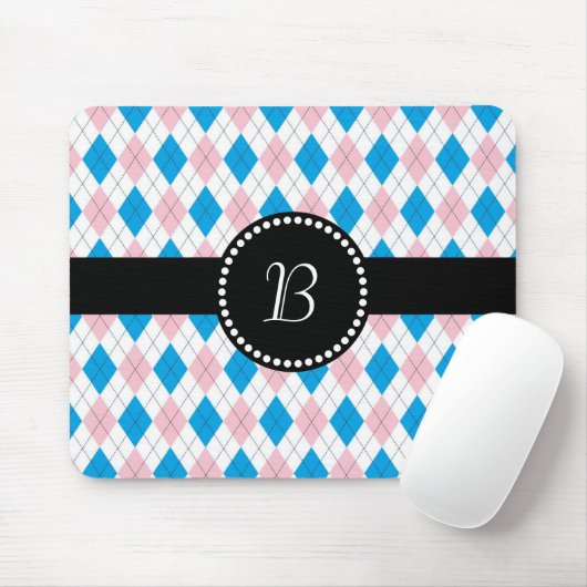 Retro Monogram Argyle Pattern Roze Blauw Muismat (Met muis)
