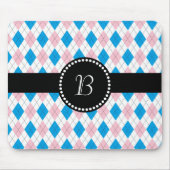 Retro Monogram Argyle Pattern Roze Blauw Muismat (Voorkant)