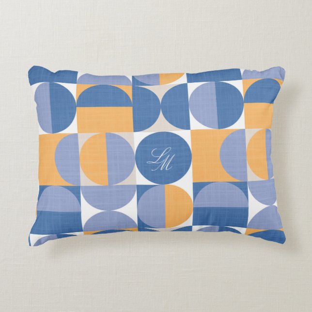 Retro Monogram Blauw Geel Mid-Century Cirkels Accent Kussen (Voorkant)