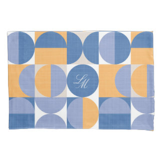 Retro Monogram Blauw Geel Mid-Century Cirkels Kussensloop