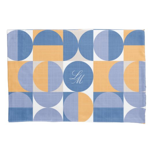 Retro Monogram Blauw Geel Mid-Century Cirkels Kussensloop (Voorkant)