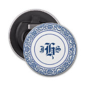 retro monogram blauw wit button flesopener (Voorkant)