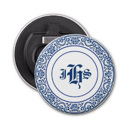  retro monogram blauw wit button flesopener