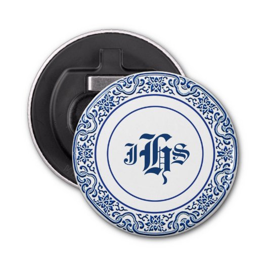 retro monogram blauw wit button flesopener (Voorkant)