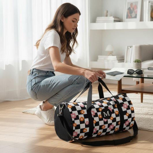 Retro Monogram Daisy Flower Checkerboard Patroon Plunjezak