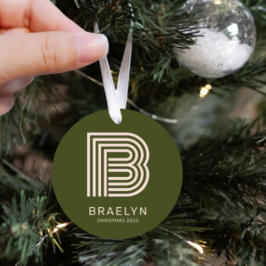 Retro Monogram en Naam Oranje en Groene Kerstmis Metalen Ornament