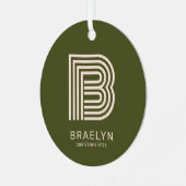 Retro Monogram en Naam Oranje en Groene Kerstmis Metalen Ornament (Voorkant links)