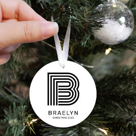 Retro Monogram en Naam Zwarte en Witte Kerstmis Metalen Ornament