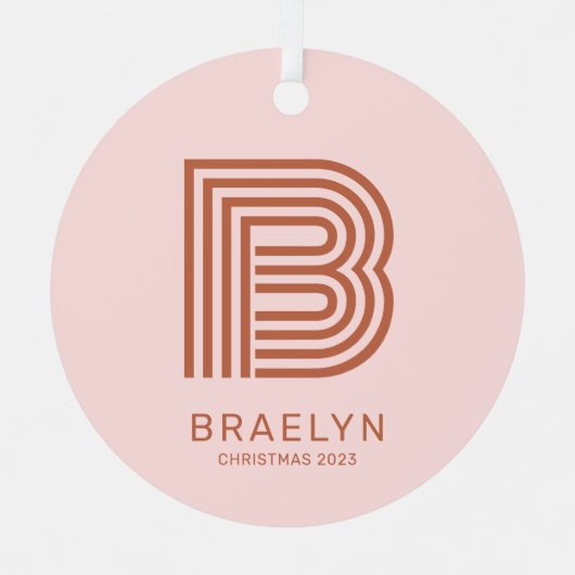 Retro Monogram en Roze Terracotta Kerstmis Metalen Ornament (Voorkant)