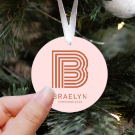 Retro Monogram en Roze Terracotta Kerstmis Metalen Ornament