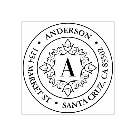 Retro Monogram Lijst Ronde Retouradres Rubberstempel (Afrduk)