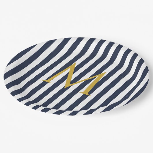 Retro Monogram Navy Blue & White Stripes Striped Papieren Bordje (Gekanteld)