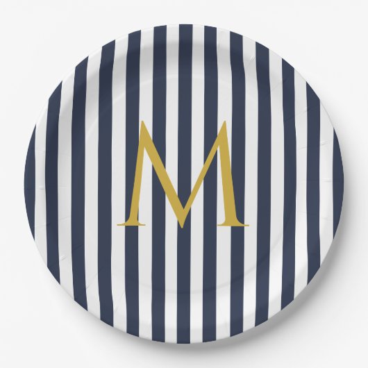 Retro Monogram Navy Blue & White Stripes Striped Papieren Bordje (Voorkant)