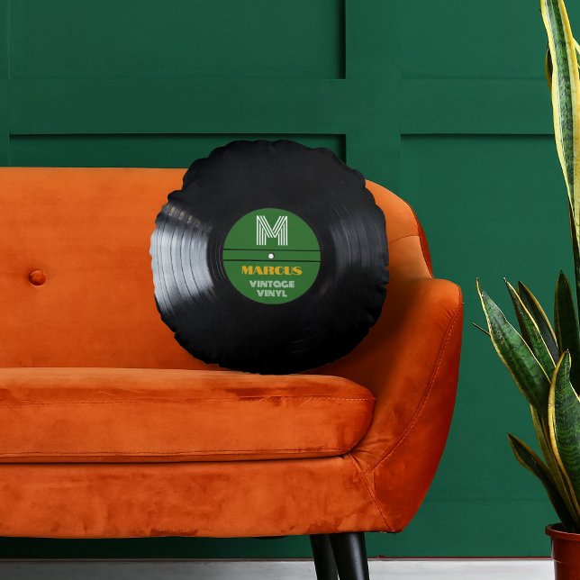 Retro Monogram Record Album Green Rond Kussen (Creator heeft geüpload)