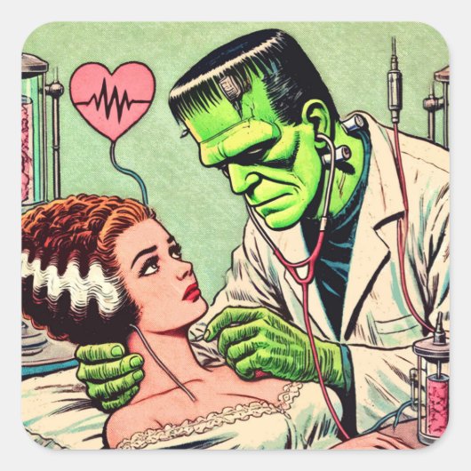 Retro Monster Love Comics Vierkante Sticker (Voorkant)