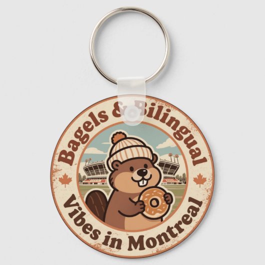 Retro Montreal Bever & Bagel Sleutelhanger (Voorkant)