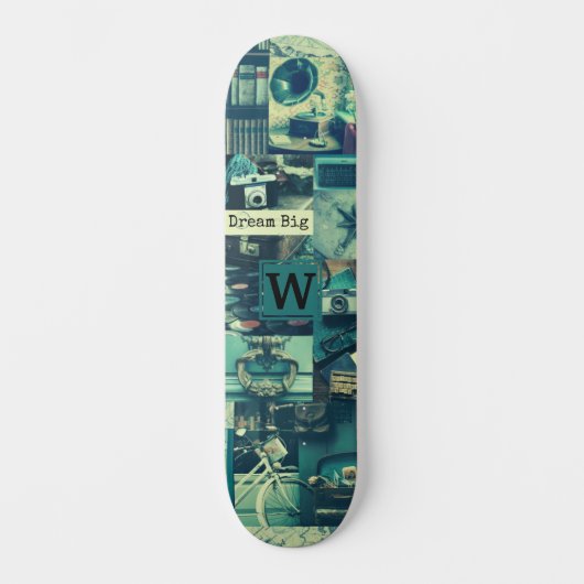 Retro Mood Board Tech Collage Monogram Persoonlijk Skateboard (Voorkant)
