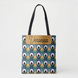 Retro Mood Teal Mustard Name Personalized Tote Bag