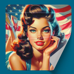 Retro Mooi Amerikaans Meisje Vierkante Sticker