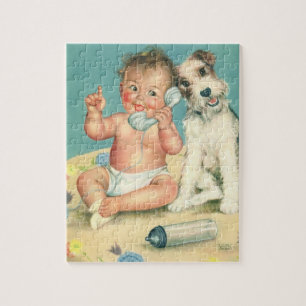 Retro Mooie Baby Praat op Telefoon Puppy Hond Legpuzzel