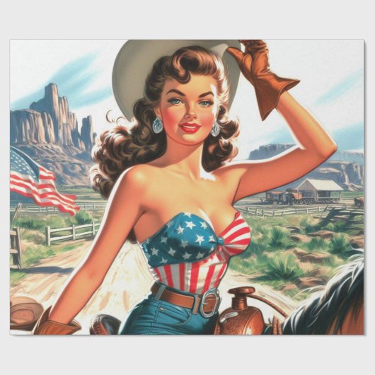 Retro Mooie Cowgirl Pin Up Cadeaupapier (Vlak)