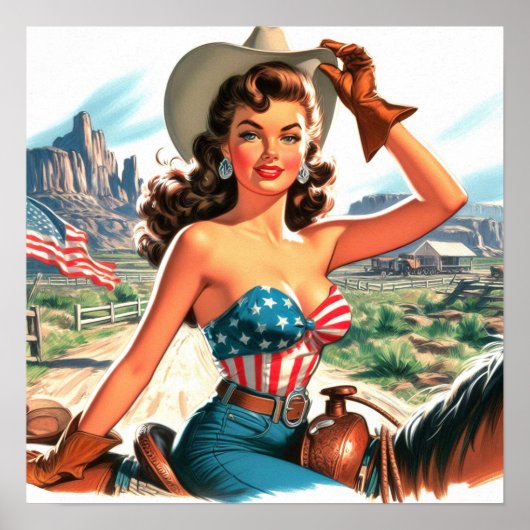 Retro Mooie Cowgirl Pin Up Poster (Voorkant)