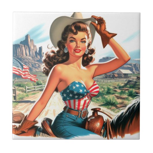 Retro Mooie Cowgirl Pin Up Tegeltje (Voorkant)