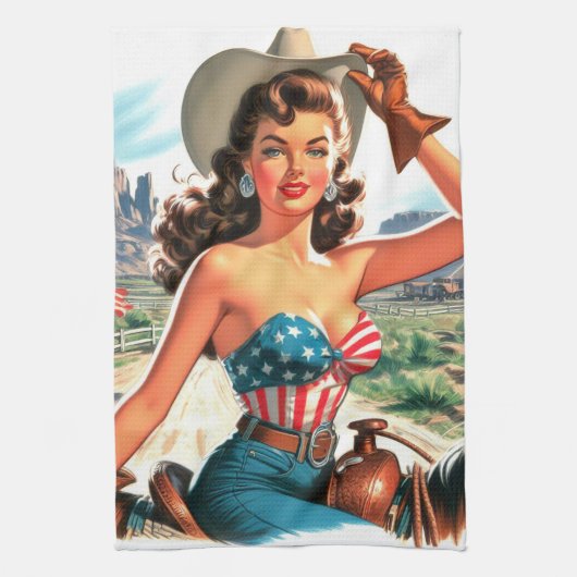 Retro Mooie Cowgirl Pin Up Theedoek (Verticaal)