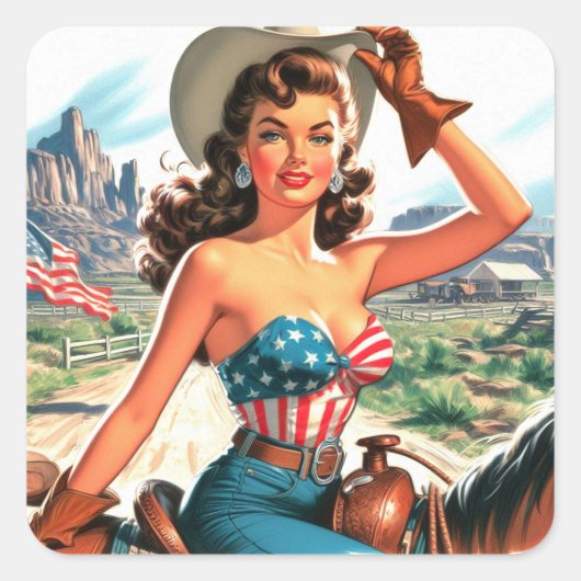 Retro Mooie Cowgirl Pin Up Vierkante Sticker (Voorkant)
