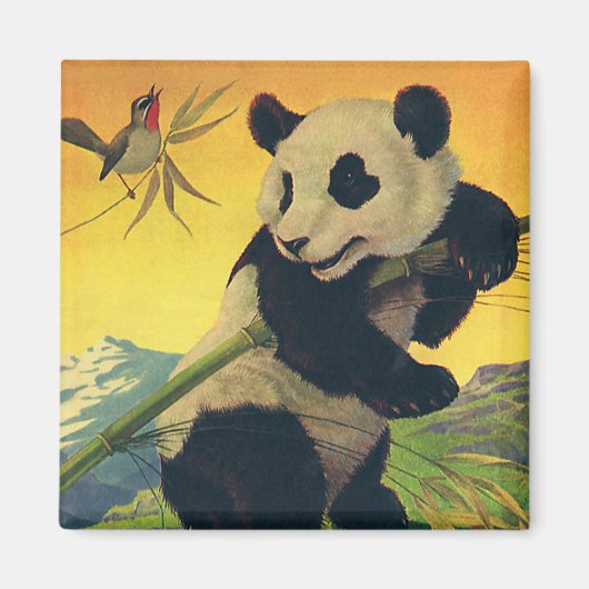 Retro Mooie Panda Beer Eet Bamboe, Wild Dier Magneet (Voorkant)