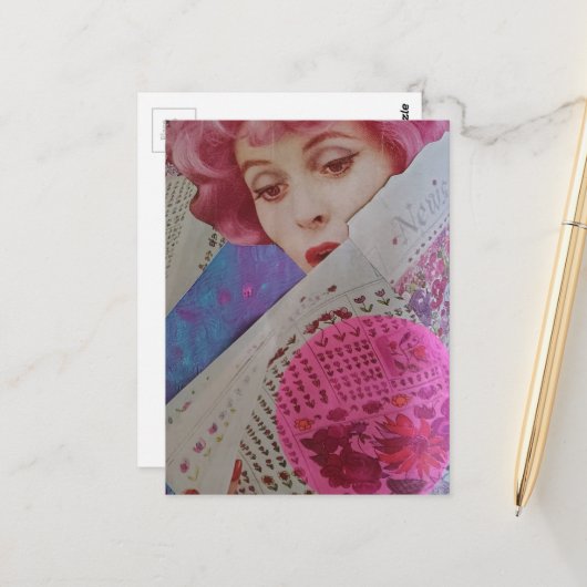 Retro Mooie Roze Haar Dame Mixed Media Collage Briefkaart (Voorkant / Achterkant in situ)