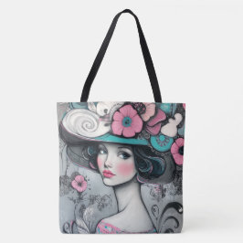  Retro Mooie Vrouw Roze en Blauwgroen Tote Bag
