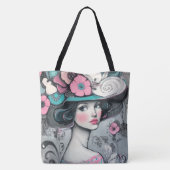 Retro Mooie Vrouw Roze en Blauwgroen Tote Bag (Achterkant)