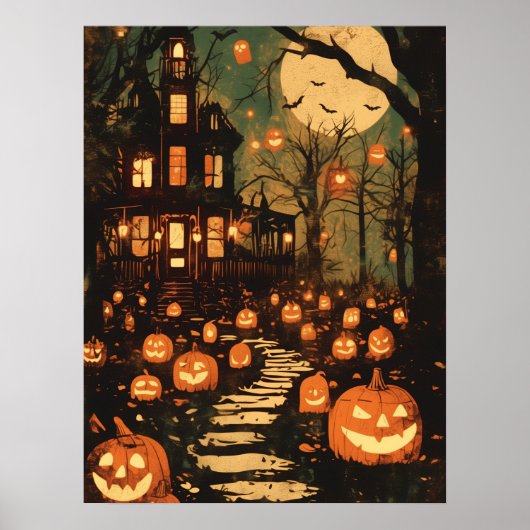 Retro Moonlit Haunted House Pathway Poster (Voorkant)