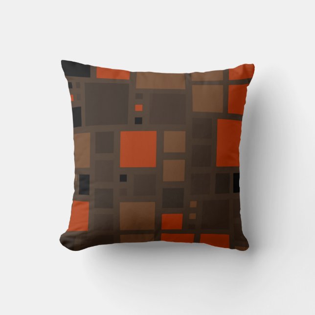 Retro Mosaic Squares | Bruin Sinaasappel Kussen (Voorkant)