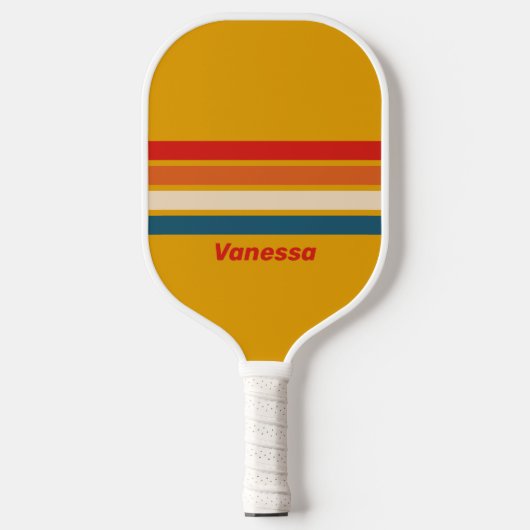 Retro Mosterd Dwars Strepen met Naam Pickleball Paddle (Voorkant)