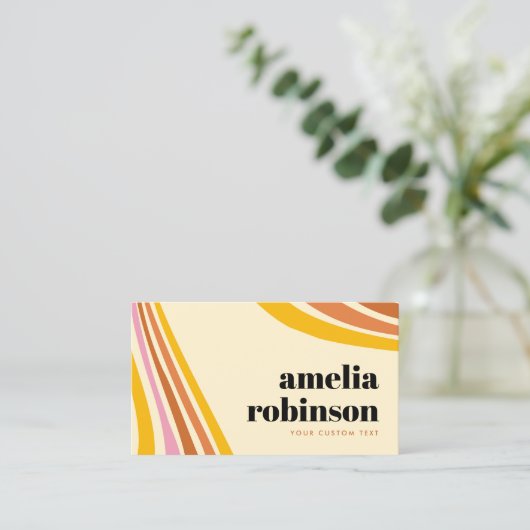 Retro Mosterd Geel Bruin Roze Boho Lijnen Minimaal Visitekaartje (Staand voorkant)