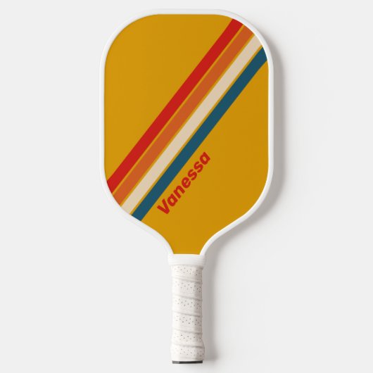 Retro Mosterd Gestreept met Naam Pickleball Paddle (Voorkant)