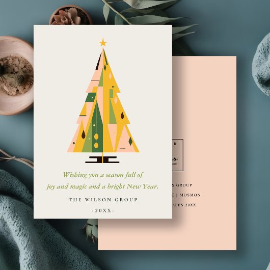 Retro Mosterd Groene Kerstboom Business Logo Feestdagenkaart