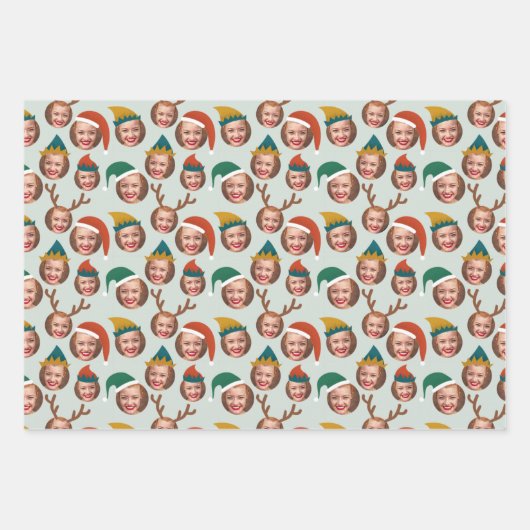 Retro Mosterd Kerstbemanning Drie Foto Custom Inpakpapier Vel (Voorkant)