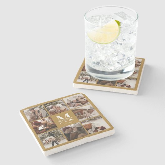 Retro Mosterd Monogram Initiaal Familienaam Foto Stenen Onderzetter (Zijkant)