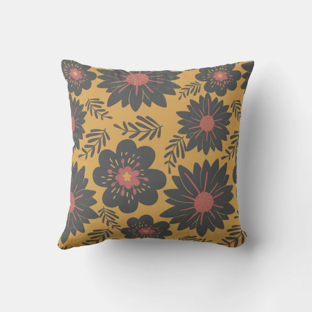 Retro  Mosterd Zwart Rood Bloemen Kussen (Achterkant)