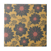 Retro  Mosterd Zwart Rood Bloemen Tegeltje (Voorkant)